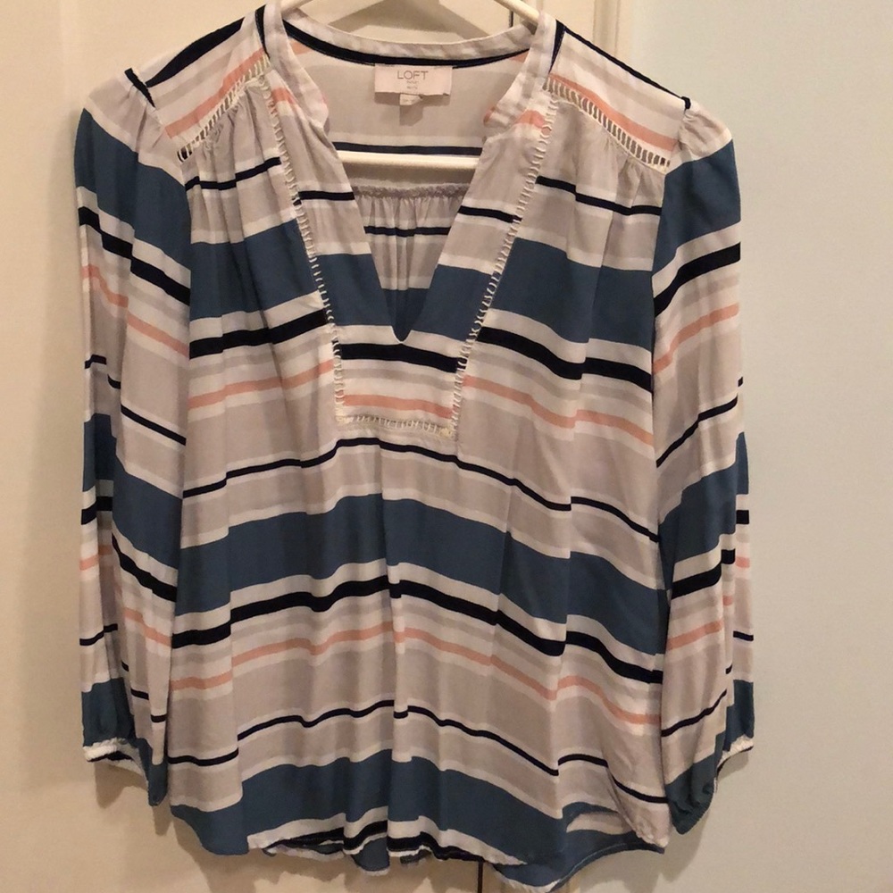 LOFT Petite Striped 3/4 Sleeve Blouse